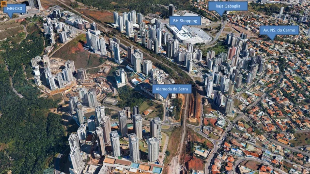 Vista histórica da área de estudo entre Belo Horizonte e Nova Lima, identificando MG-030, Raja Gabaglia, BH Shopping, Avenida Nossa Senhora do Carmo e Alameda da Serra.