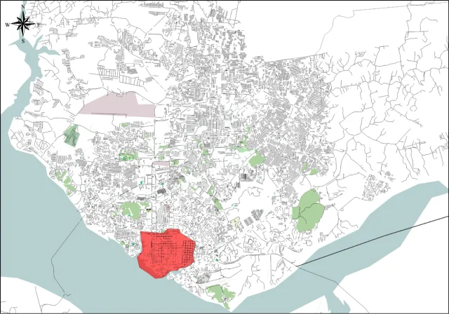 Mapa histórico da rede de Manaus, com a área central selecionada para microssimulação destacada em vermelho.