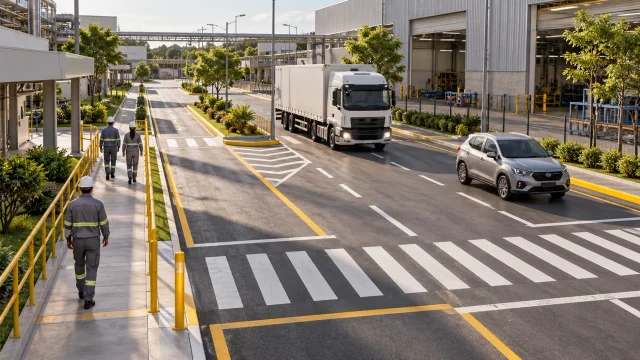 Representação de via industrial com caminhão, automóvel, calçada e travessias de pedestres.