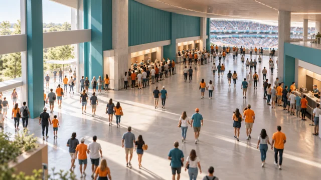 Ilustração genérica de circulação e pequenas filas no interior de uma arena