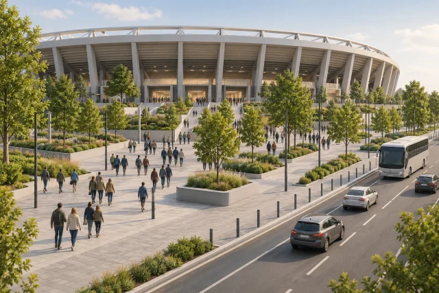 Ilustração gerada por IA de espectadores em uma esplanada de estádio genérico, separada da circulação de ônibus e automóveis.