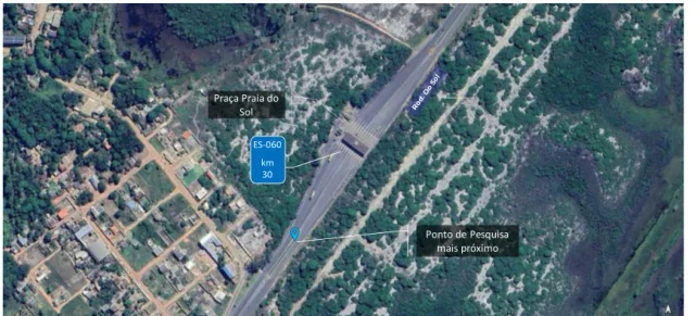 Localização de uma praça de pedágio e de pontos de observação no Sistema Rodovia do Sol.