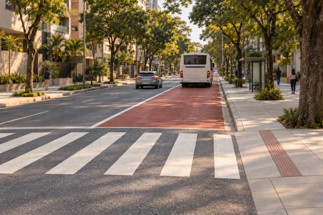 Imagem ilustrativa de avenida arborizada com faixa vermelha para ônibus junto à calçada, abrigo de parada e faixa de pedestres em primeiro plano.
