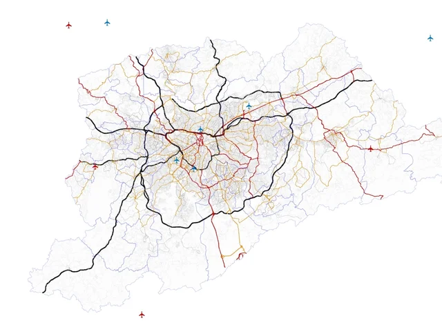 Recorte da base territorial de 2020 com vias e infraestrutura aeroportuária na Grande São Paulo.