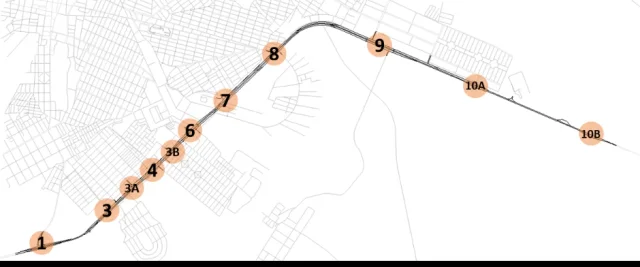 Mapa esquemático da BR-020 com identificação dos nós e interseções analisados