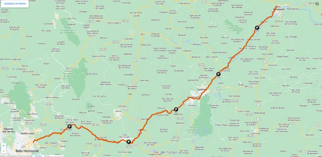 Mapa da abrangência da BR-381 entre Belo Horizonte e Governador Valadares