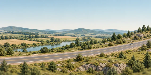 Ilustração de uma rodovia genérica de pista simples em paisagem rural