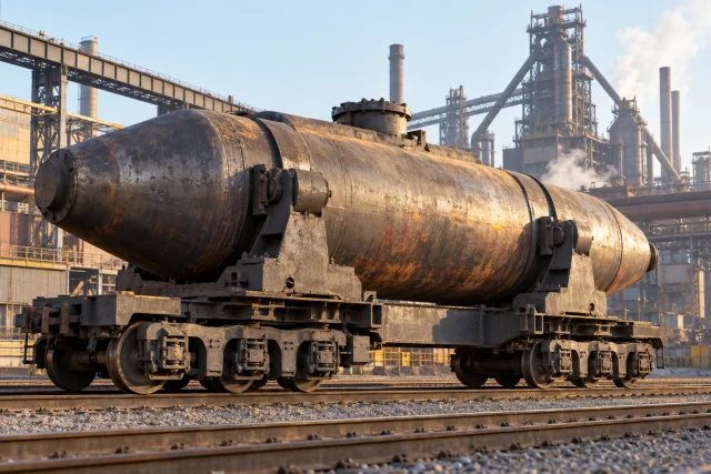 Carro torpedo siderúrgico sobre trilhos em uma cena industrial conceitual.