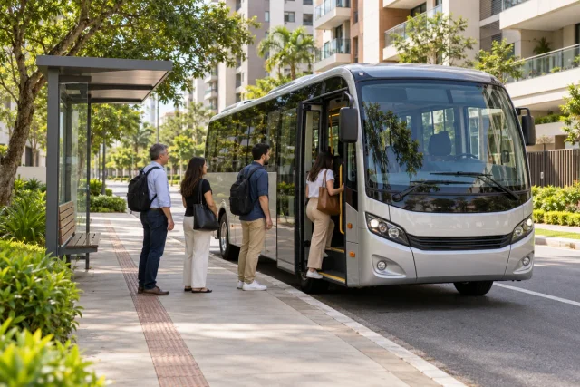 Ônibus de transporte residencial em parada junto à calçada, em cena conceitual.