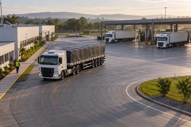 Caminhões em um pátio industrial amplo, com cobertura de serviços ao fundo.