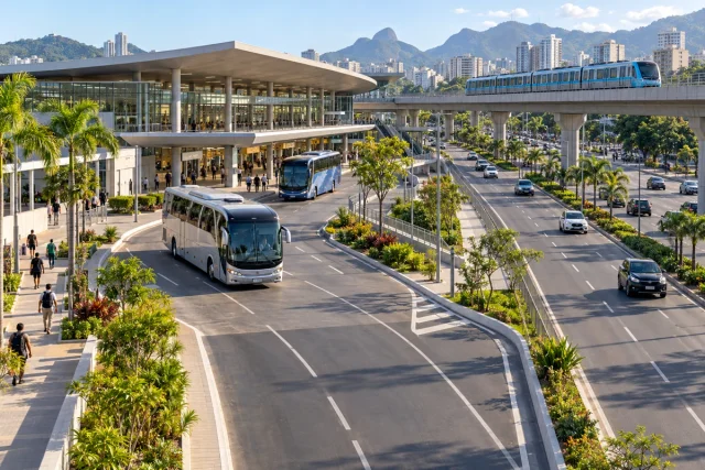 Terminal de ônibus e metrô junto a uma via urbana, em cena conceitual.