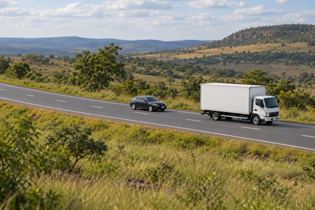 Ilustração de caminhão e automóvel em uma pista de rodovia regional, em paisagem rural.