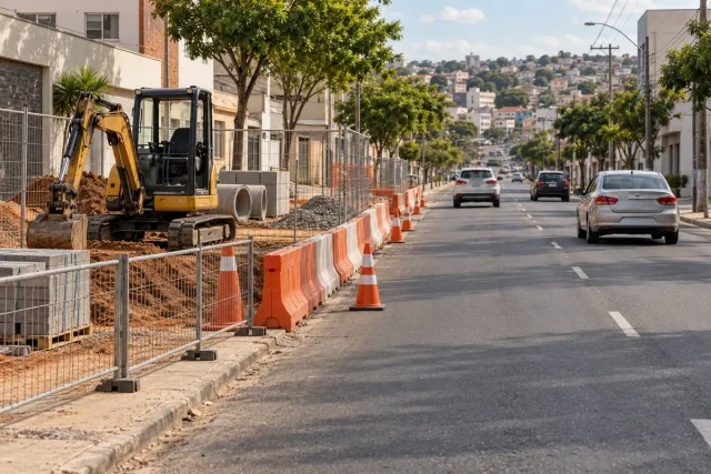 Ilustração de via urbana com circulação de veículos ao lado de uma área de obras isolada por barreiras.