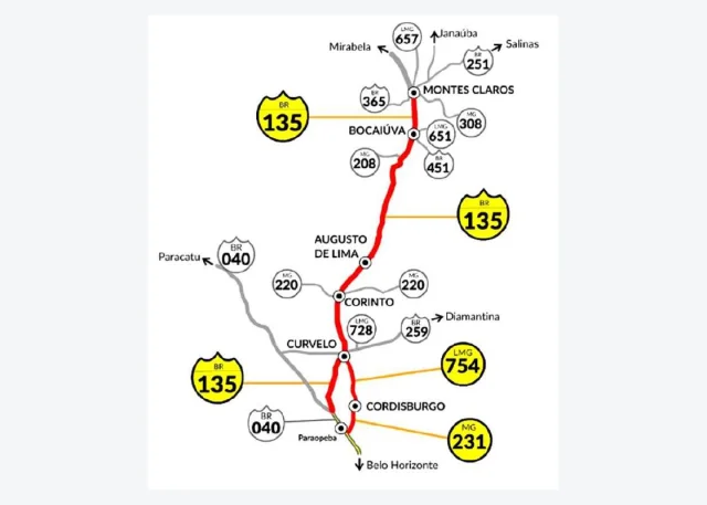 Esquema das rodovias e localidades da abrangência Eco135