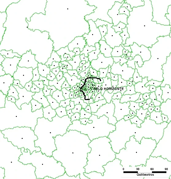 Mapa de zonas de tráfego e centroides na Região Metropolitana de Belo Horizonte e entorno