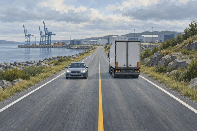 Ilustração gerada por IA de caminhão e automóvel em sentidos opostos numa via genérica de acesso portuário.
