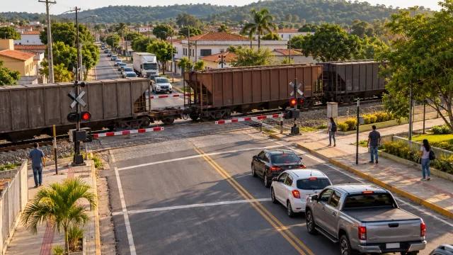 Representação de trem de carga atravessando uma rua urbana em passagem em nível.