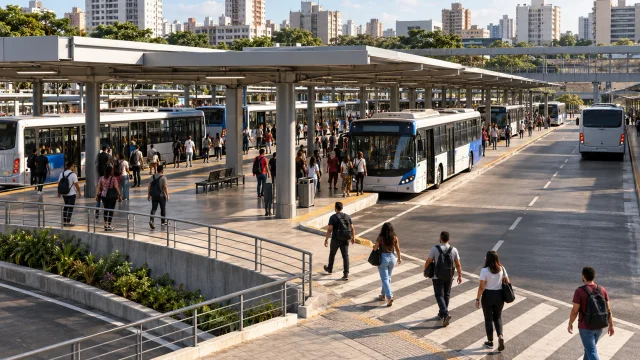 Representação de terminal urbano com ônibus nas plataformas e circulação de passageiros.