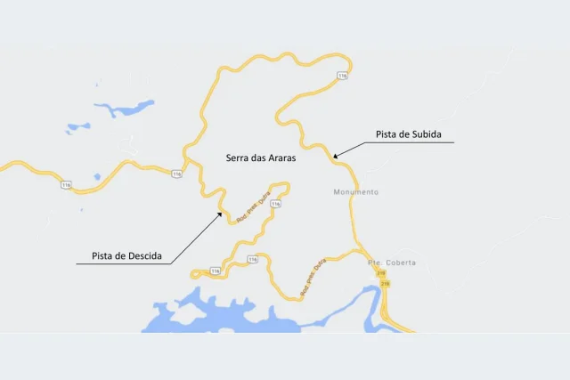 Mapa de localização da BR-116 na Serra das Araras, com as pistas de subida e descida.