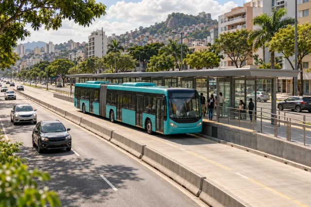 Imagem ilustrativa de ônibus articulado em corredor BRT segregado ao lado de estação, com tráfego comum em faixas adjacentes e arborização urbana.