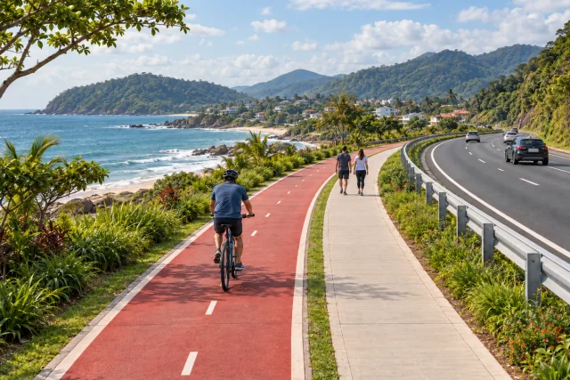 Imagem ilustrativa de ciclista em ciclovia e pedestres em calçada, separados de uma rodovia litorânea por vegetação e barreira de proteção.