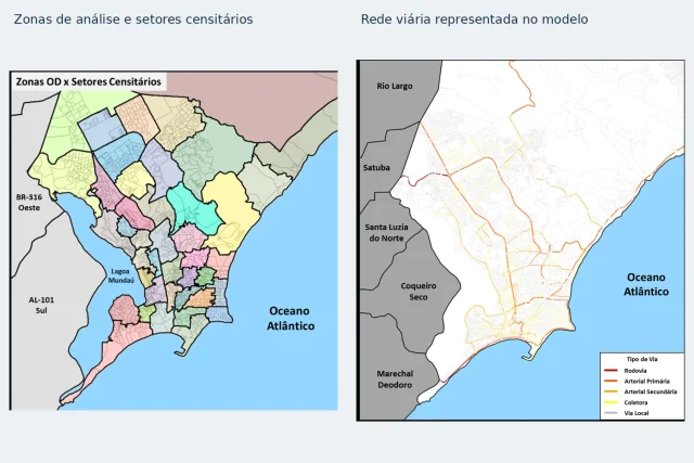 Mapas agregados de Maceió mostrando zonas de análise e setores censitários à esquerda e a rede viária representada no modelo à direita.