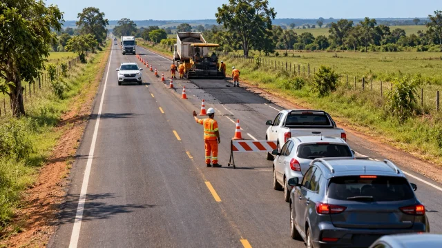 Representação de trecho de rodovia em obras com fila de veículos e controle de passagem.