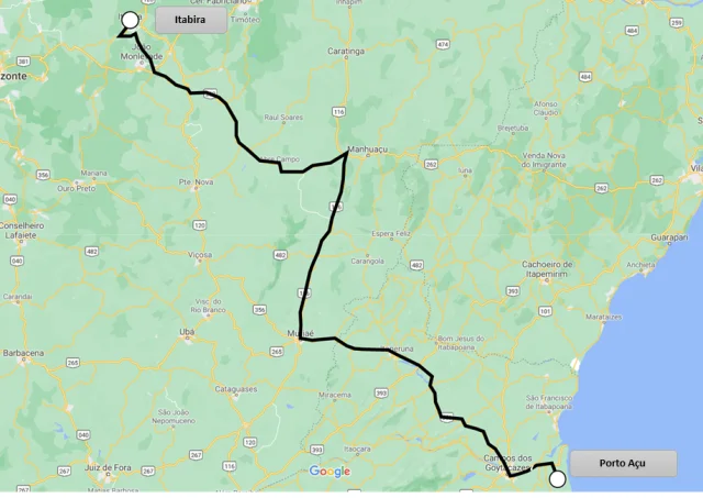 Mapa de um percurso do estudo da MLOG entre a região de Itabira e o Porto do Açu