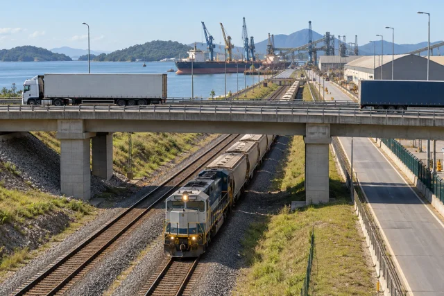 Viaduto com caminhões sobre uma ferrovia junto a instalações portuárias genéricas.