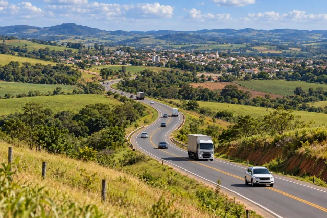 Vista oblíqua de uma rodovia intermunicipal sinuosa, com automóveis, van e caminhões distribuídos entre colinas agrícolas e uma cidade fictícia ao fundo.