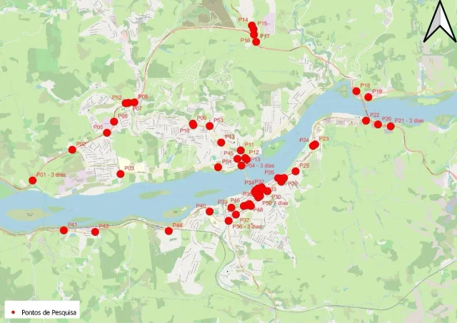 Mapa dos pontos de pesquisa de tráfego nas duas margens do Rio Doce em Colatina