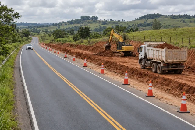 Ilustração de obra ao lado de uma rodovia com caminhão e escavadeira na área segregada