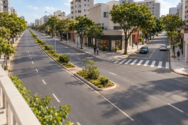 Imagem ilustrativa de ligação em T entre uma avenida urbana com canteiro arborizado e uma rua lateral, vista de uma posição moderadamente elevada.