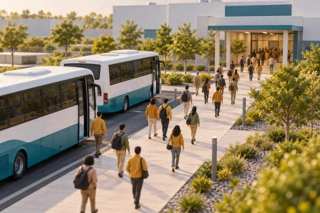 Ilustração genérica de chegada de colaboradores em ônibus a uma instalação industrial