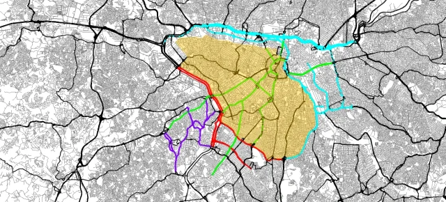 Mapa da rede viária da Grande São Paulo com áreas e eixos de restrição considerados no estudo logístico