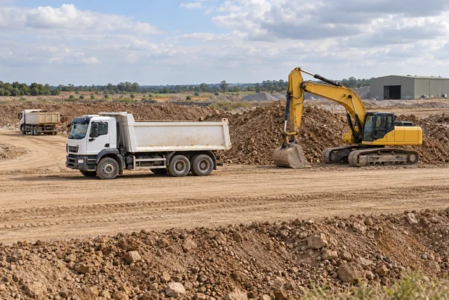 Caminhões basculantes e escavadeira separados em uma frente de terraplenagem industrial genérica, com pilhas de material e faixa de circulação livre.