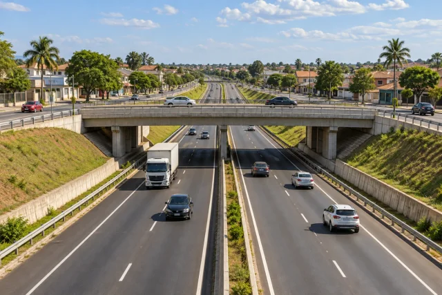 Interseção rodoviária urbana em desnível em cena conceitual.