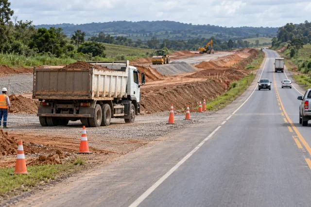 Caminhão em acesso de canteiro separado de uma rodovia em operação.