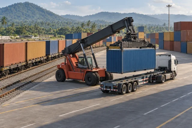 Imagem ilustrativa de terminal intermodal com reach stacker movimentando contêiner sobre carreta, vagões ferroviários e pilhas de contêineres ao fundo.
