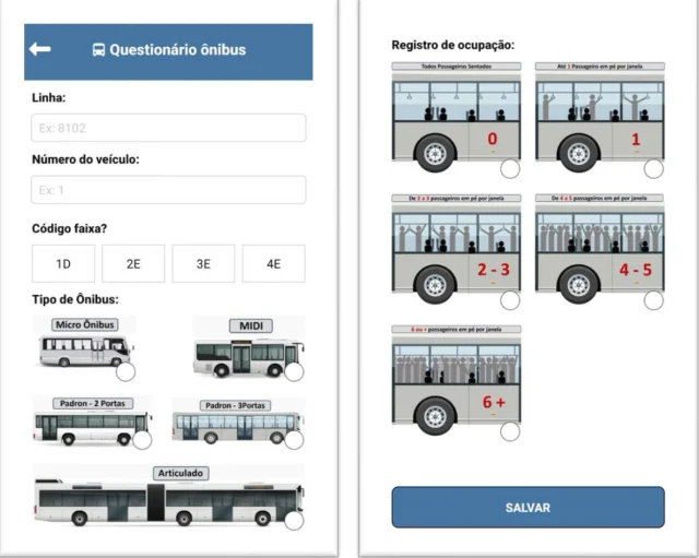 Tela de formulário de ocupação de ônibus com tipos veiculares e gabaritos ilustrativos de lotação, sem registro preenchido.