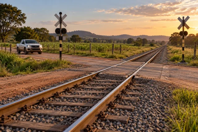 Ilustração de uma estrada rural cruzando uma via férrea