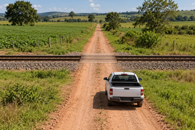 Ilustração de estrada rural cruzando uma linha ferroviária, com um veículo aguardando antes dos trilhos.