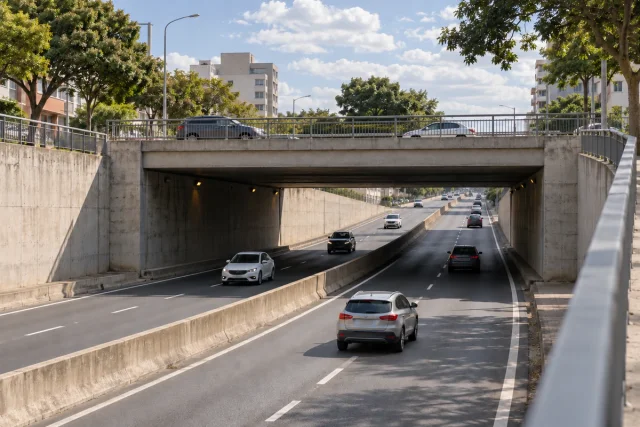 Imagem ilustrativa de passagem inferior rodoviária em concreto, com pistas divididas sob uma via urbana transversal e arborização no entorno.