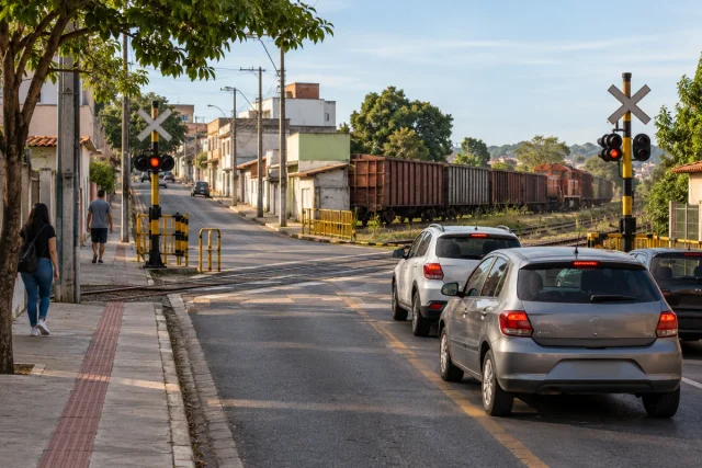Cena conceitual de uma passagem em nível ferroviária em via urbana.