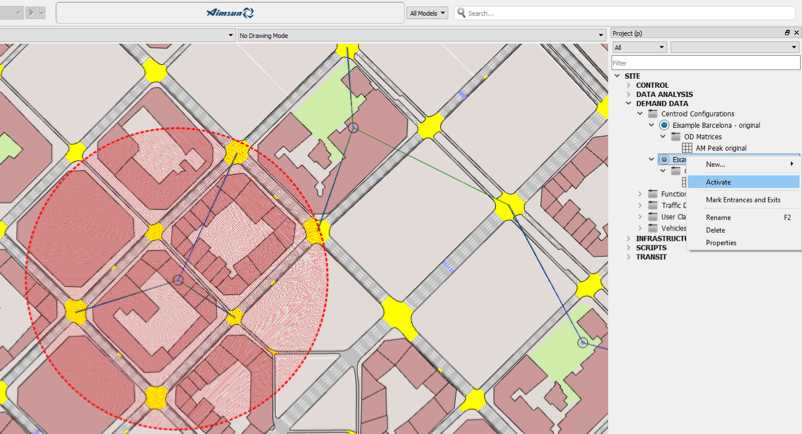 Figura 2. Duplicando e ativando a configuração de centroides da zona dividida use Groupings of Centroids to split zones in Aimsun traffic modelling software