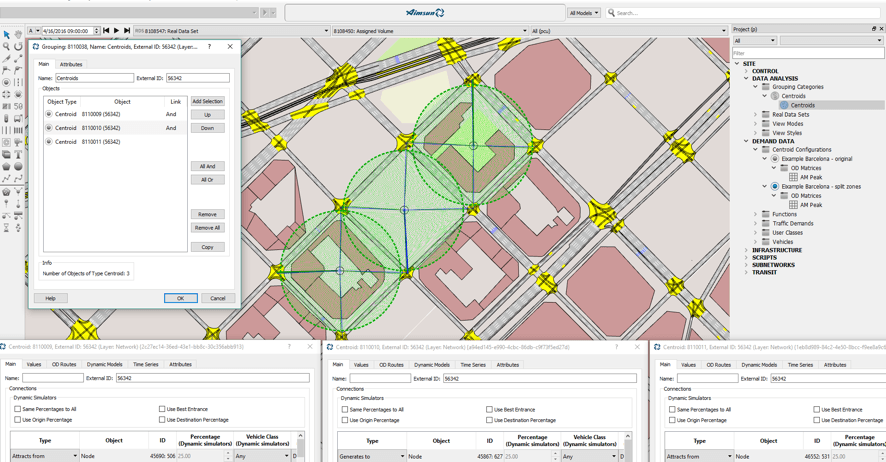 Figura 4. Agrupando centroides e definindo o mesmo External ID use Groupings of Centroids to split zones in Aimsun traffic modelling software