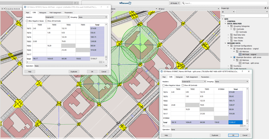 Figure 8. Comparing the total trips of the original and split OD matrix use Groupings of Centroids to split zones in Aimsun traffic modelling software