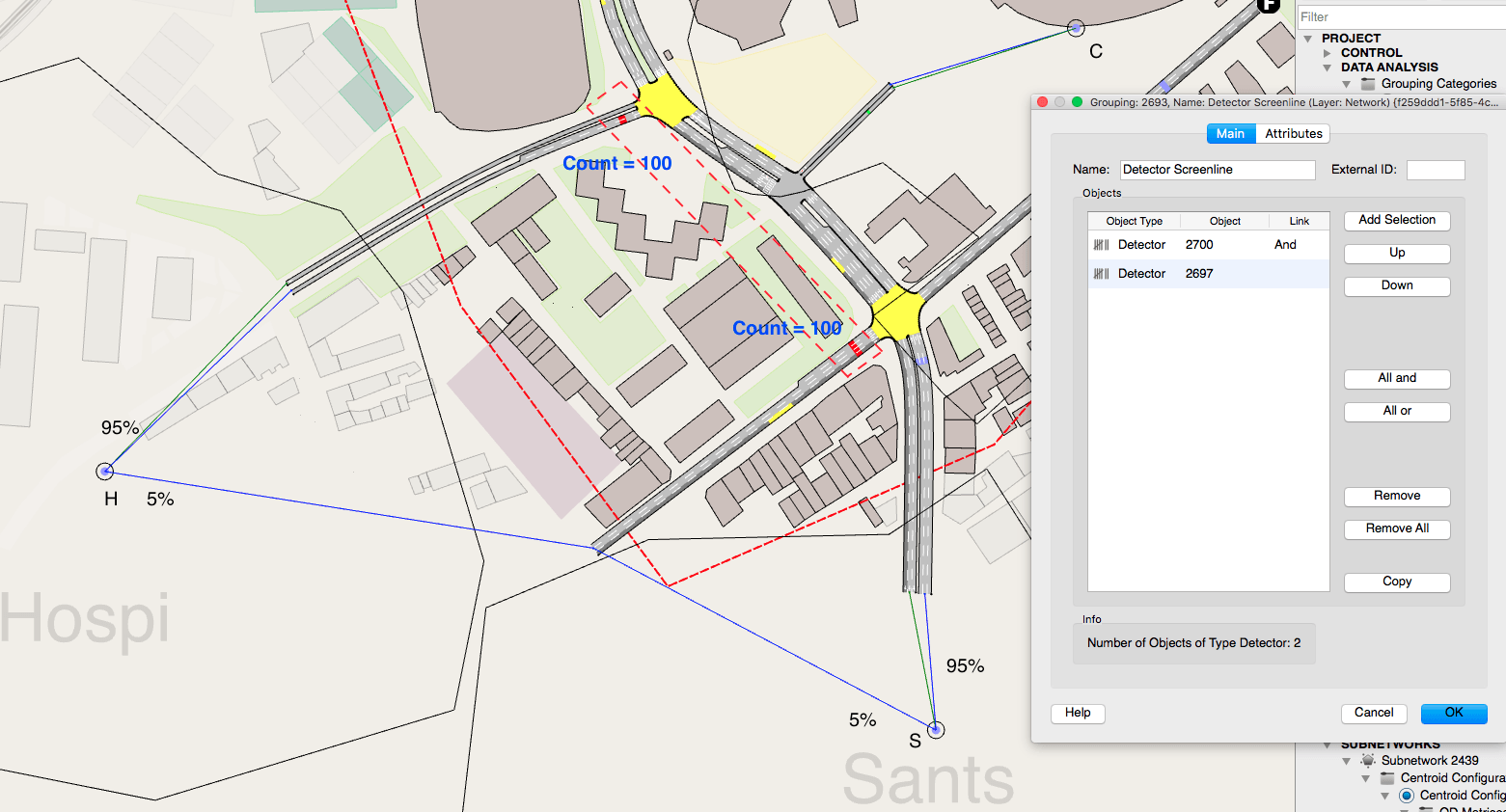 Figure 1: Define detector screenlines TSS Aimsun Grouping Category tool - screenlines