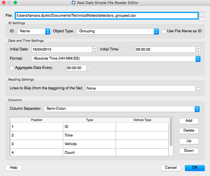 Figure 3iii. Definition of the real data set that includes information from screenlines TSS Aimsun Grouping Category tool - screenlines