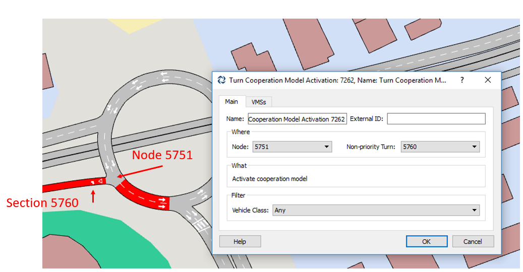 Define node, desired non-priority Turn, and vehicle class Traffic Management Actions in Aimsun traffic modelling transport planning software